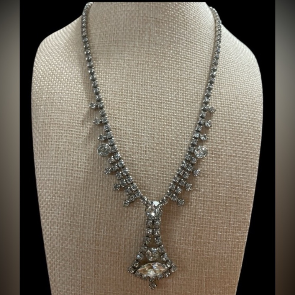 Vintage Kramer Art Deco Prong-Set Crystal Necklace with Dramatic Drop